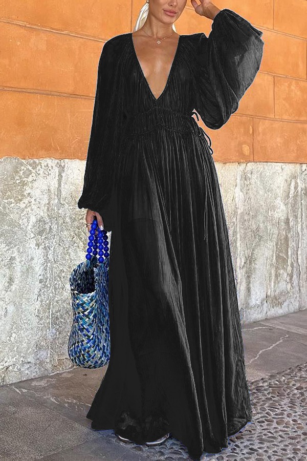 Chiffon Ruched Gathered Waist Maxi Dress