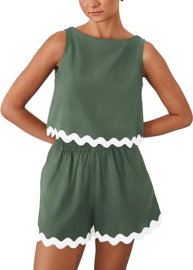  2 Piece Beach Vacation Cropped Tank Top High Waist Shorts Set