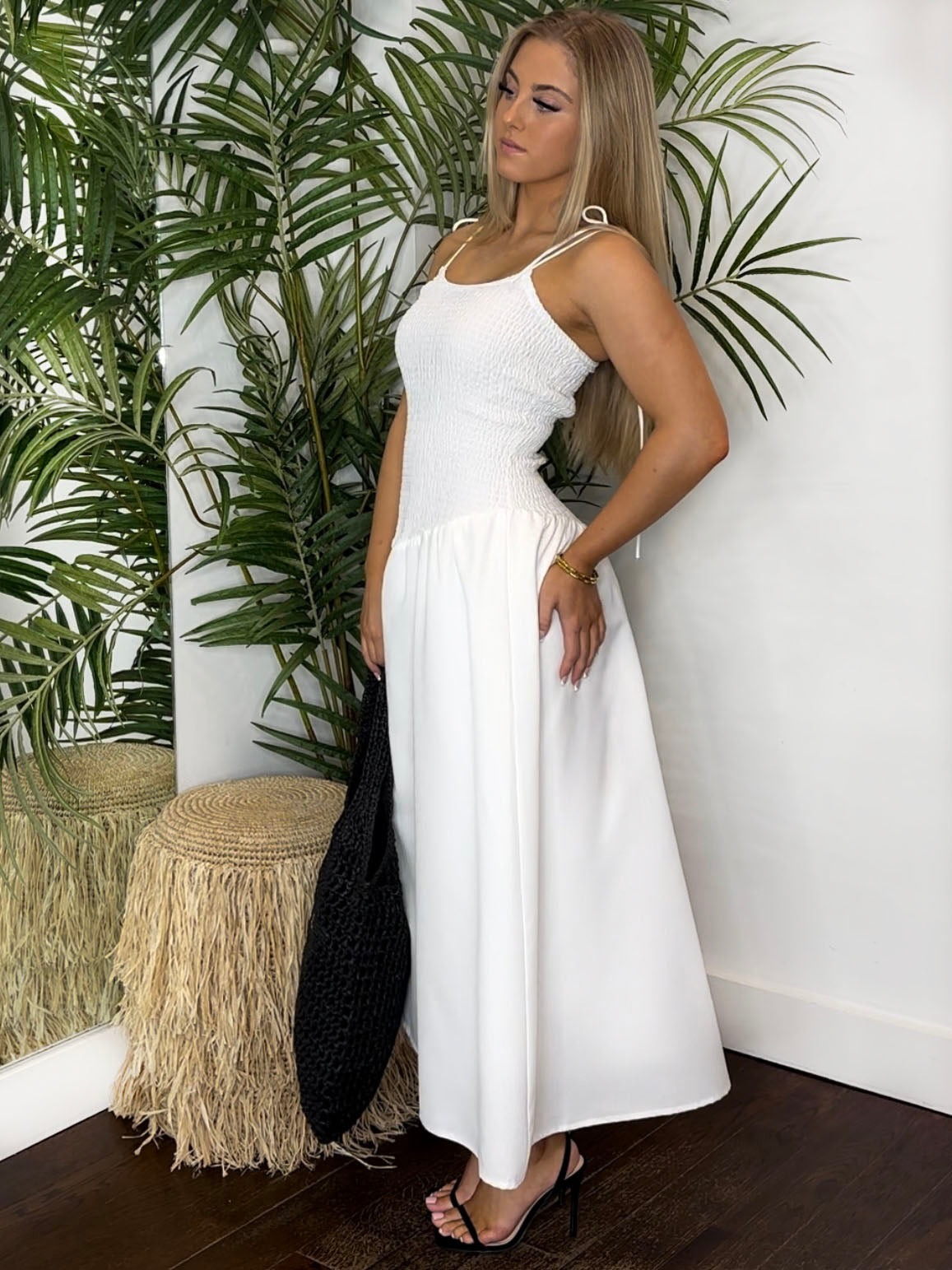 Shirring bodice detail midi dress with tie straps