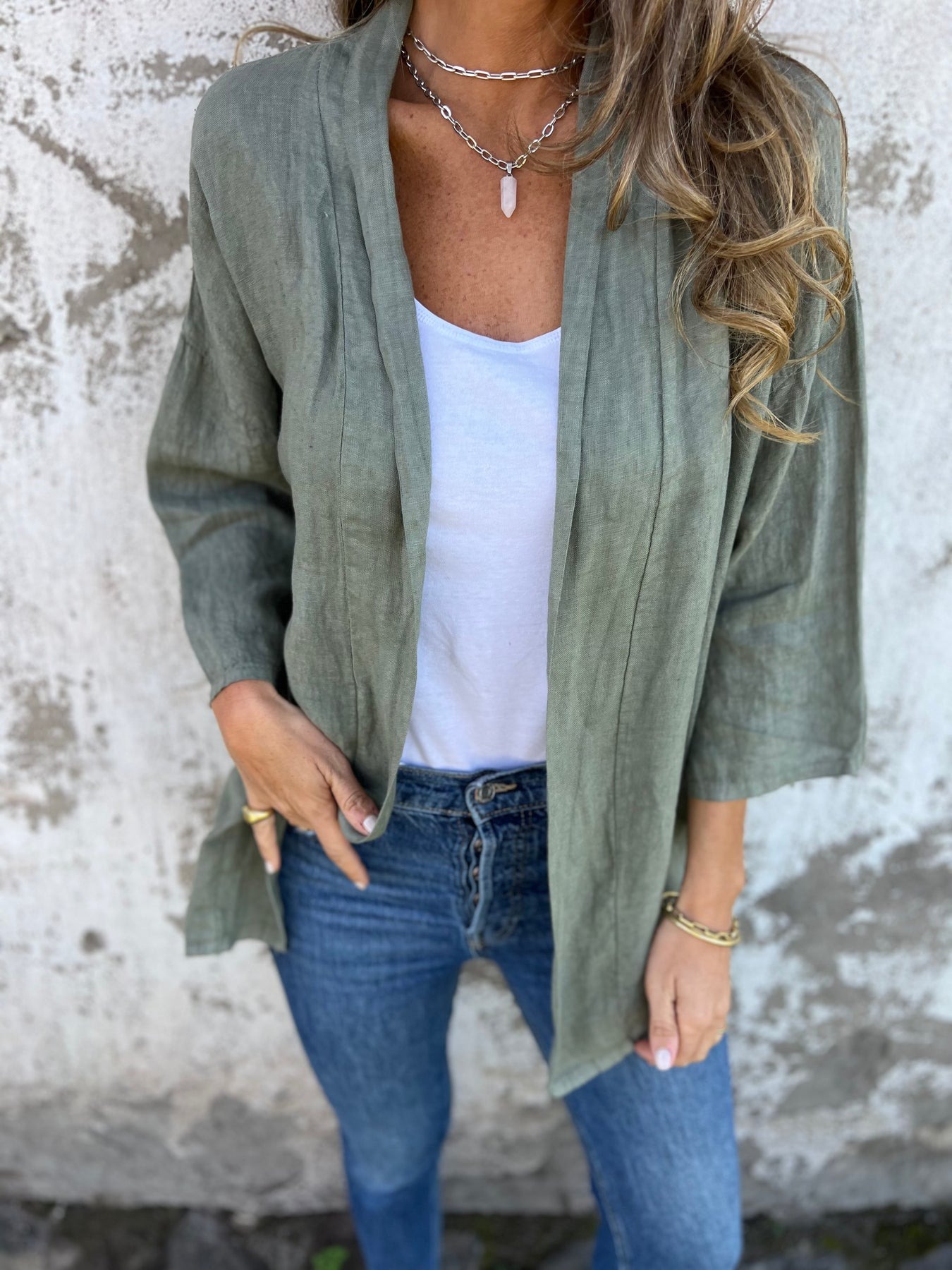 Casual Ruched 3/4 Sleeve Linen Cardigan