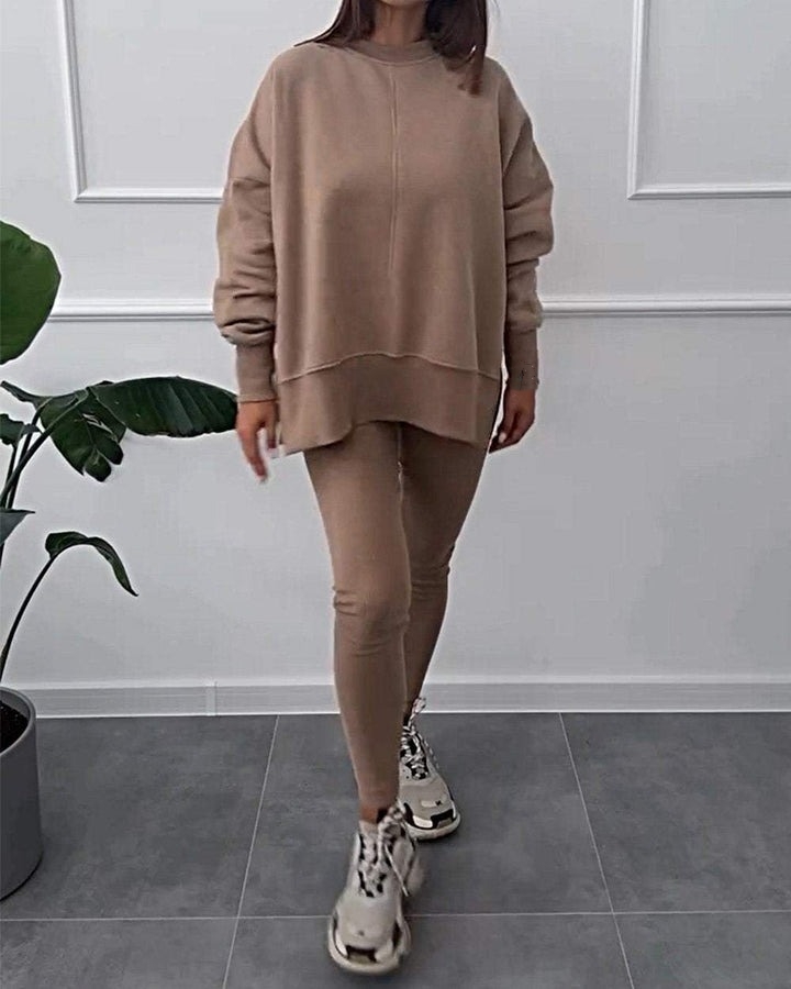 Solid Color Casual Pullover Sweatshirt Two-piece Set
