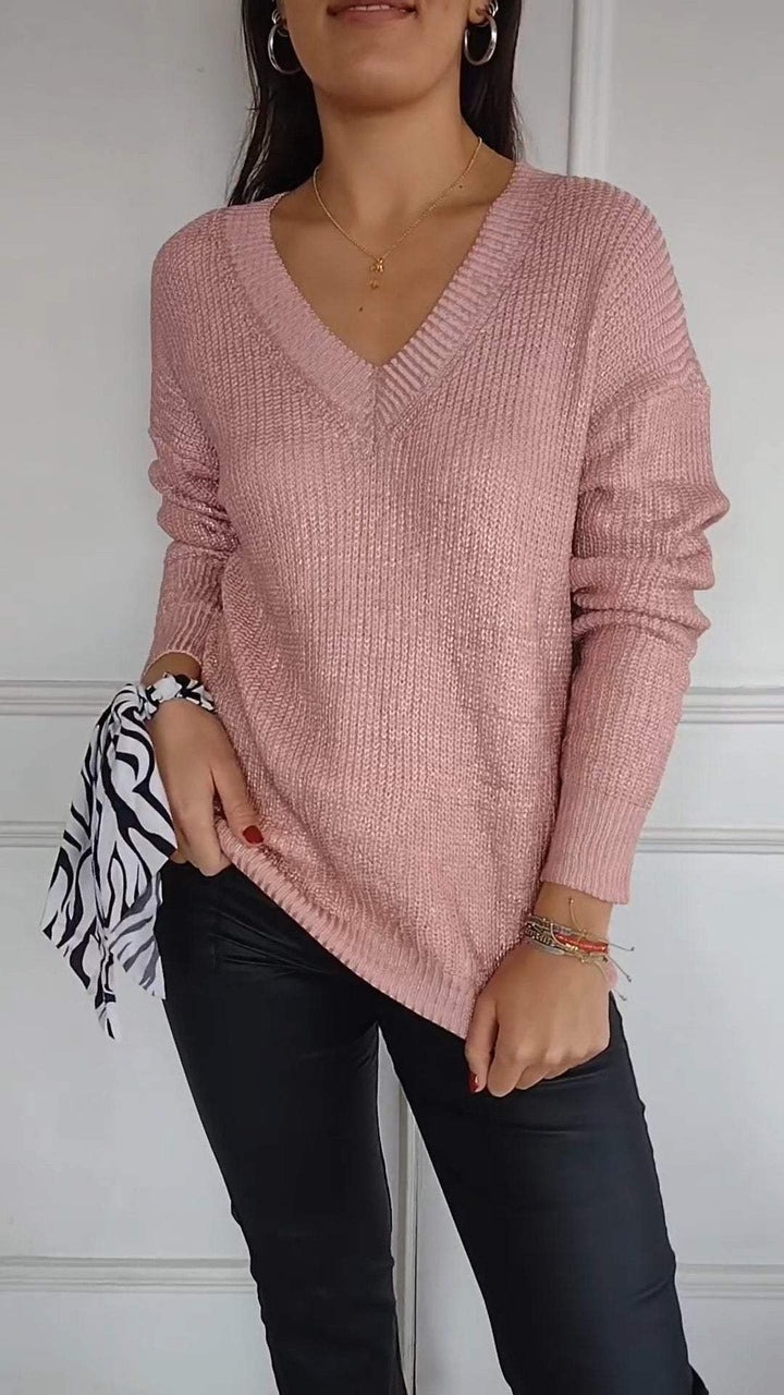 Women's V-neck Long Sleeve Top With Gold Stamping