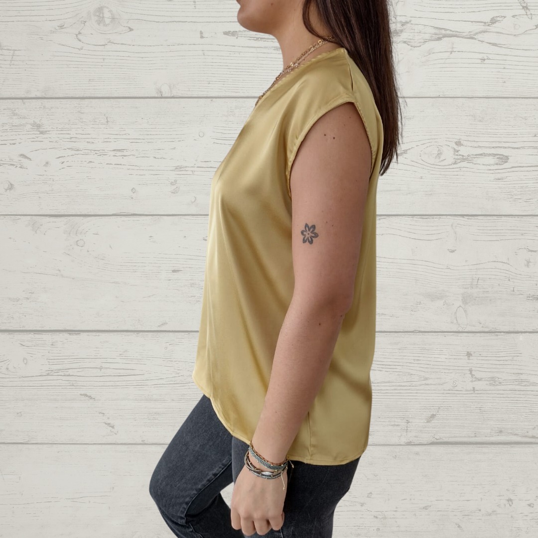 V-Neck Short Sleeve Back Button Blouse