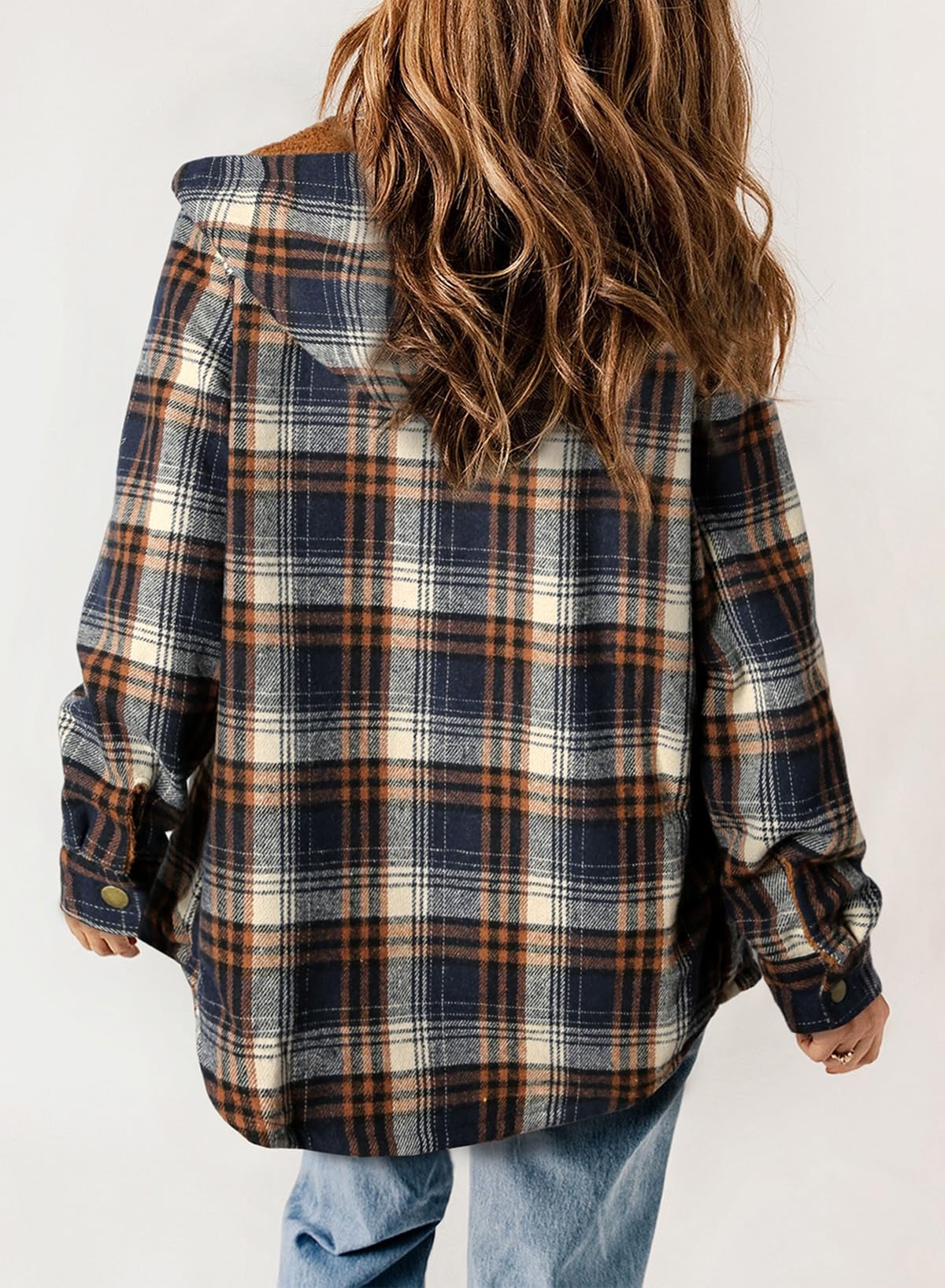 Plaid Long Sleeve Button Fleece Hooded Jacket With Pockets