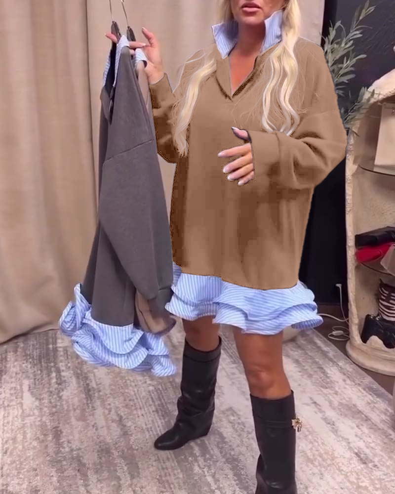 Lapel Patchwork Ruffle Dress