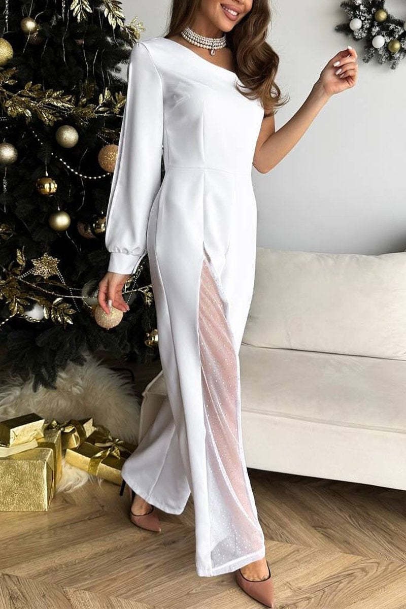 Casual Oblique Collar Split Chiffon Patchwork Jumpsuit