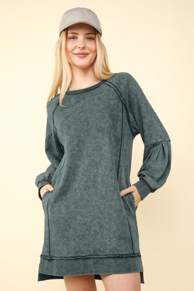 Washed Raglan Sleeve Casual Mini Dress