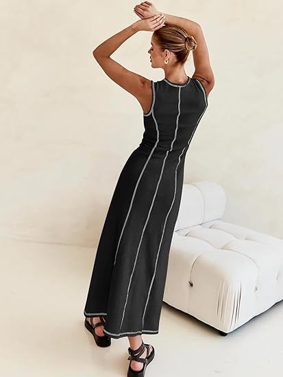 Knitted Long Dress Round Neck Sleeveless Dresses