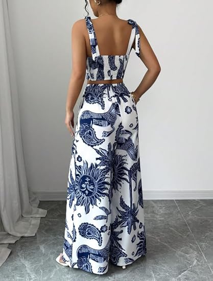 Bohemian Print Pleated Suspender Two-Piece Set
