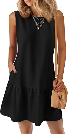 2025 Sleeveless Crewneck Cute Ruffle Loose Vacation Mini Tshirt Dress