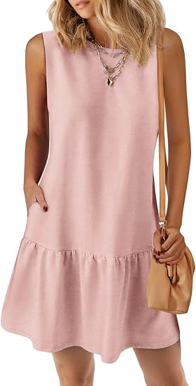 2025 Sleeveless Crewneck Cute Ruffle Loose Vacation Mini Tshirt Dress