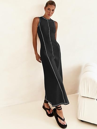 Knitted Long Dress Round Neck Sleeveless Dresses