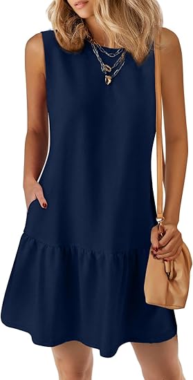 2025 Sleeveless Crewneck Cute Ruffle Loose Vacation Mini Tshirt Dress