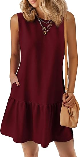 2025 Sleeveless Crewneck Cute Ruffle Loose Vacation Mini Tshirt Dress