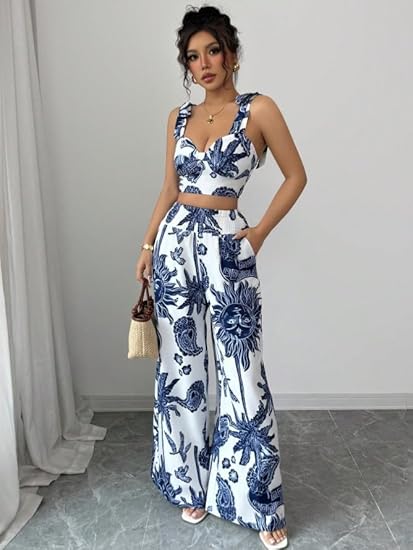 Bohemian Print Pleated Suspender Two-Piece Set