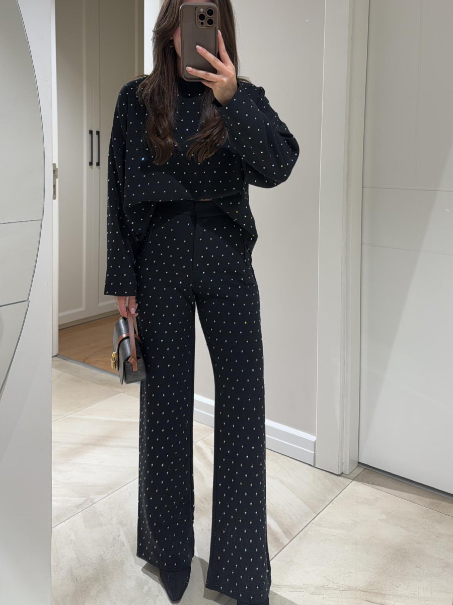 Black Round-Neck Rhinestone Trouser Two-Piece Suit
