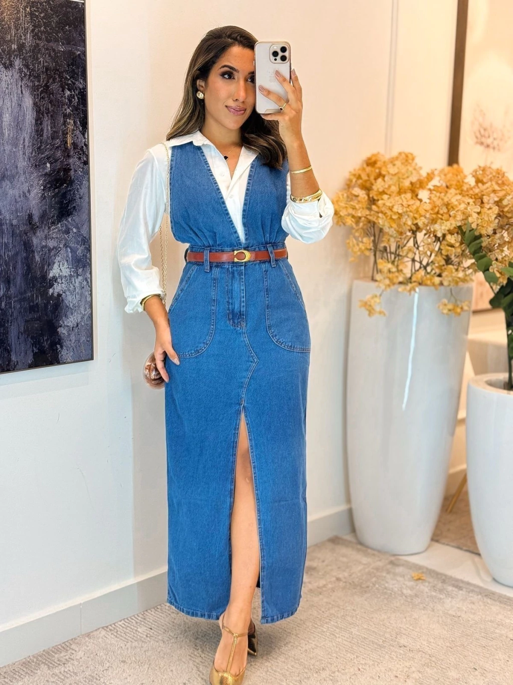 Women's Denim Maxi Dress With Belt And Side Slit