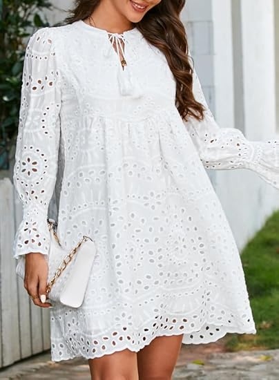 Tassel V Neck Long Sleeve A Line Hollow Out Lace Ruffle Dresses
