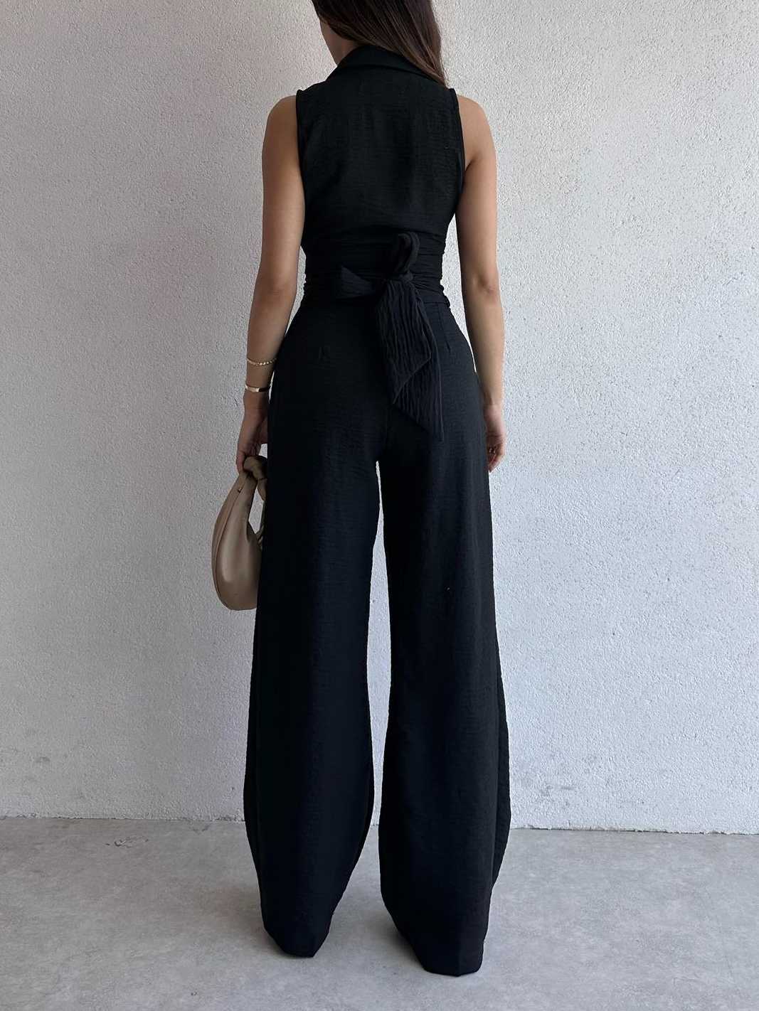 Sleeveless Wrap Top and Wide-Leg Pants Casual Suit
