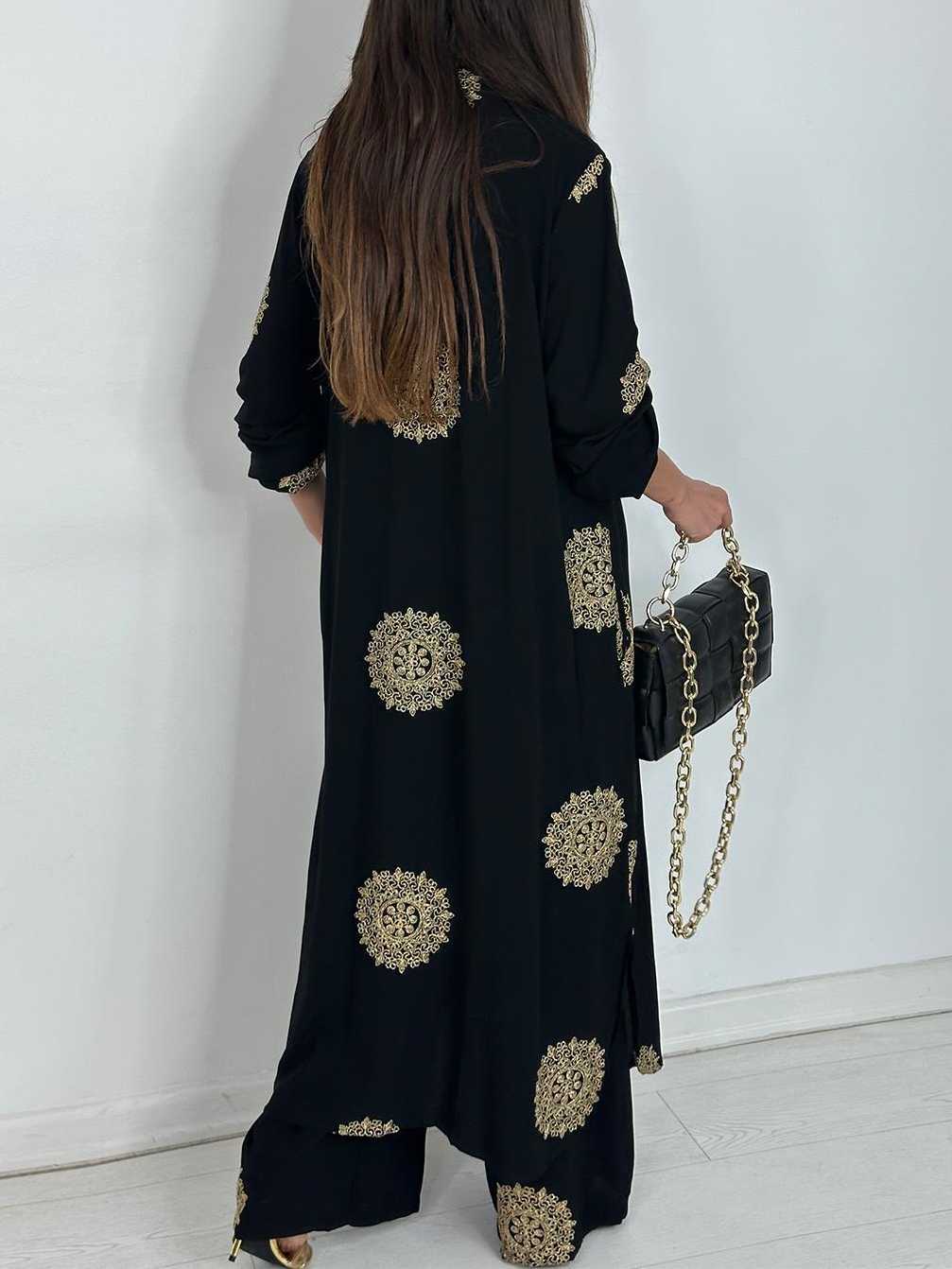 Embroidered Shirt Midi Top And Wide-Leg Pants Set