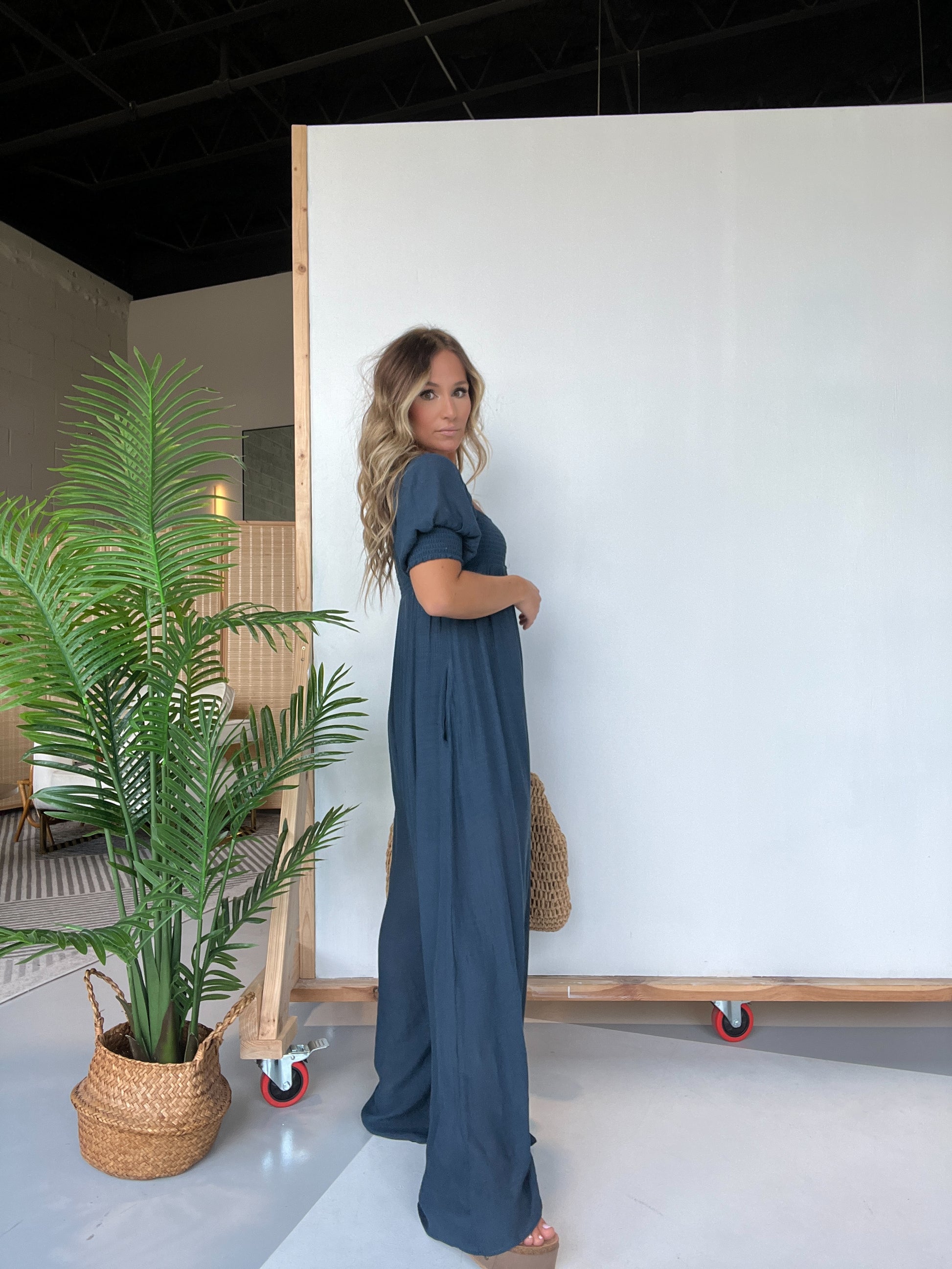 Square Neckline Jumpsuit with Smocked Bodice Button