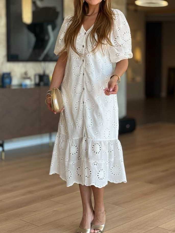 Button Front Lined Lace Dress
