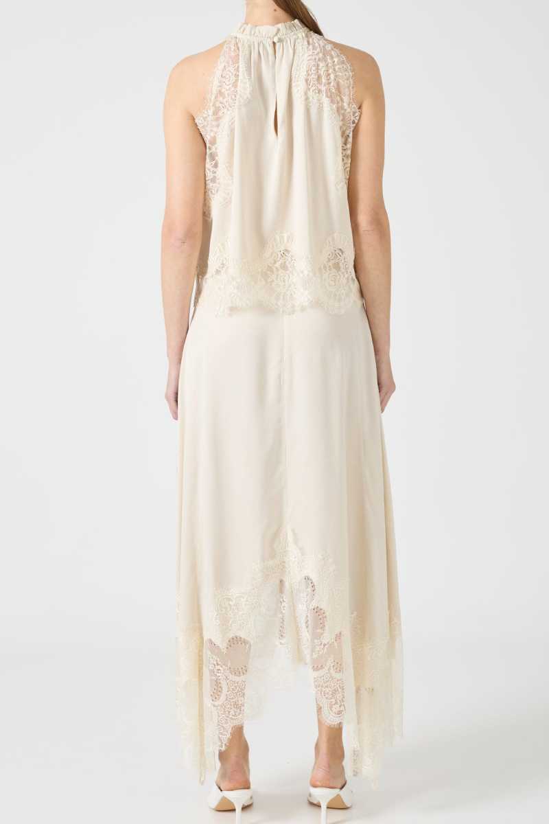 Lace Trim Midi Skirt Set with Sleeveless Halter Neck Top