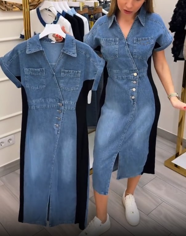 Contrast Color Waist Button-Decorated Denim Dress