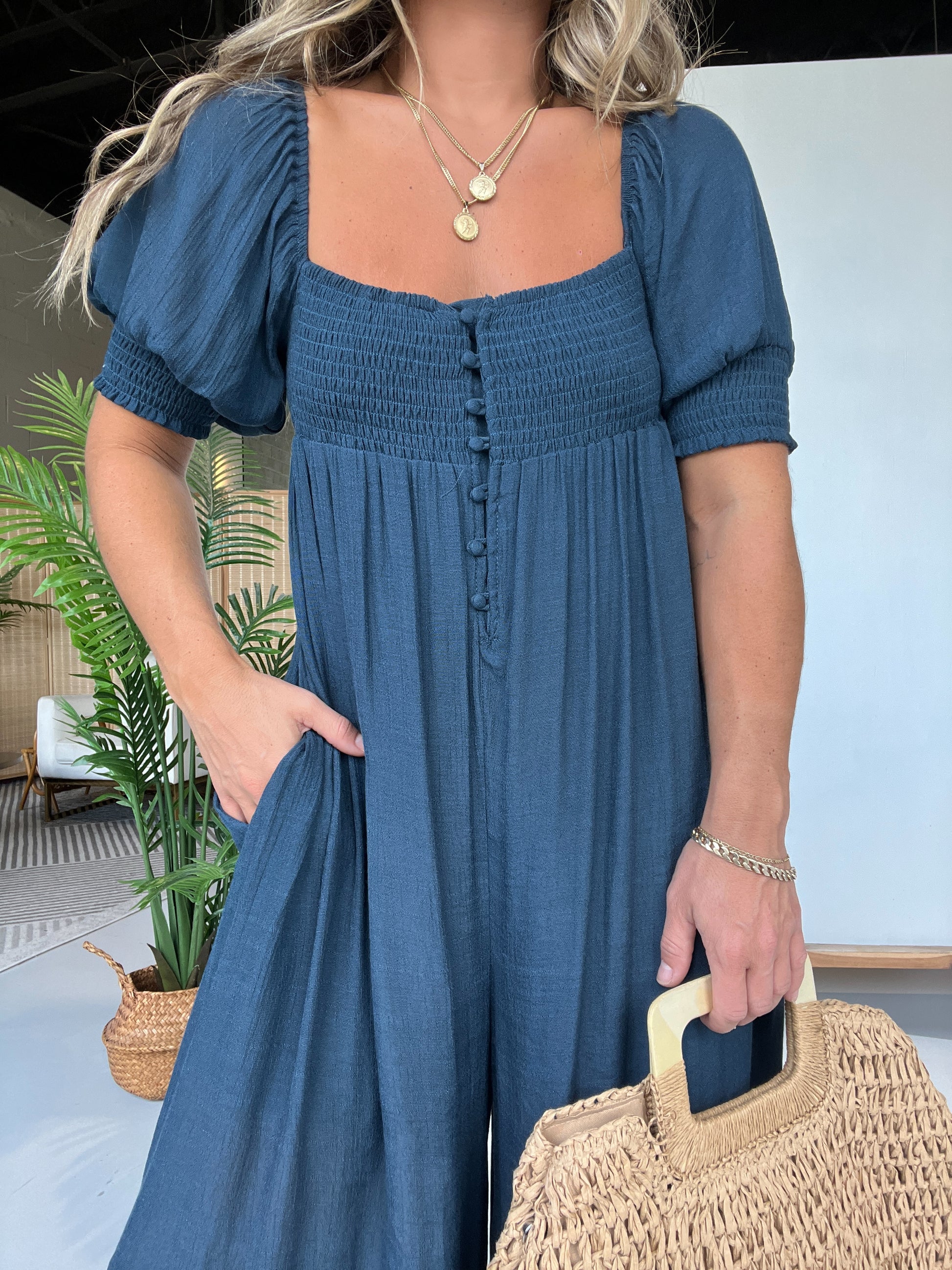 Square Neckline Jumpsuit with Smocked Bodice Button