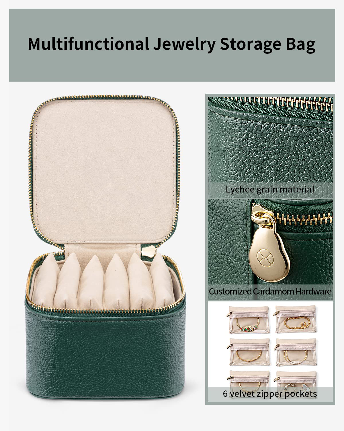 Travel Small Jewelry Case, PU Leather 6 zipper velvet bags for Women Girl