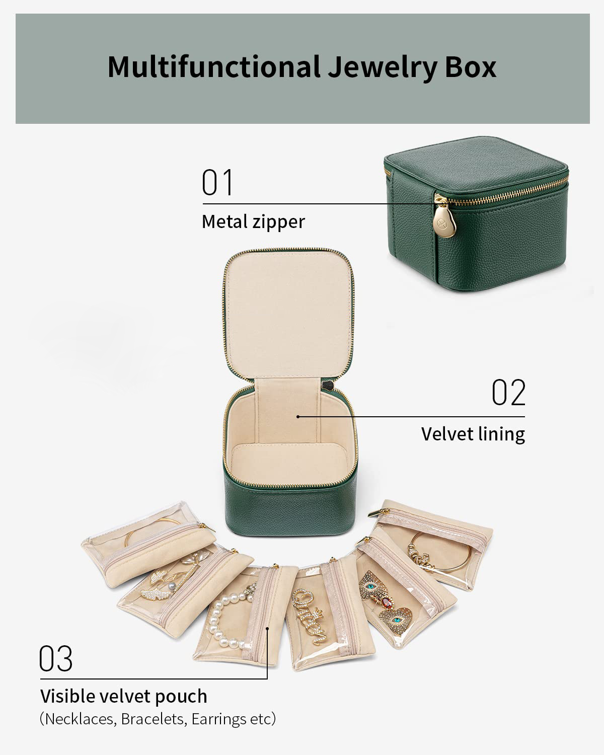 Travel Small Jewelry Case, PU Leather 6 zipper velvet bags for Women Girl