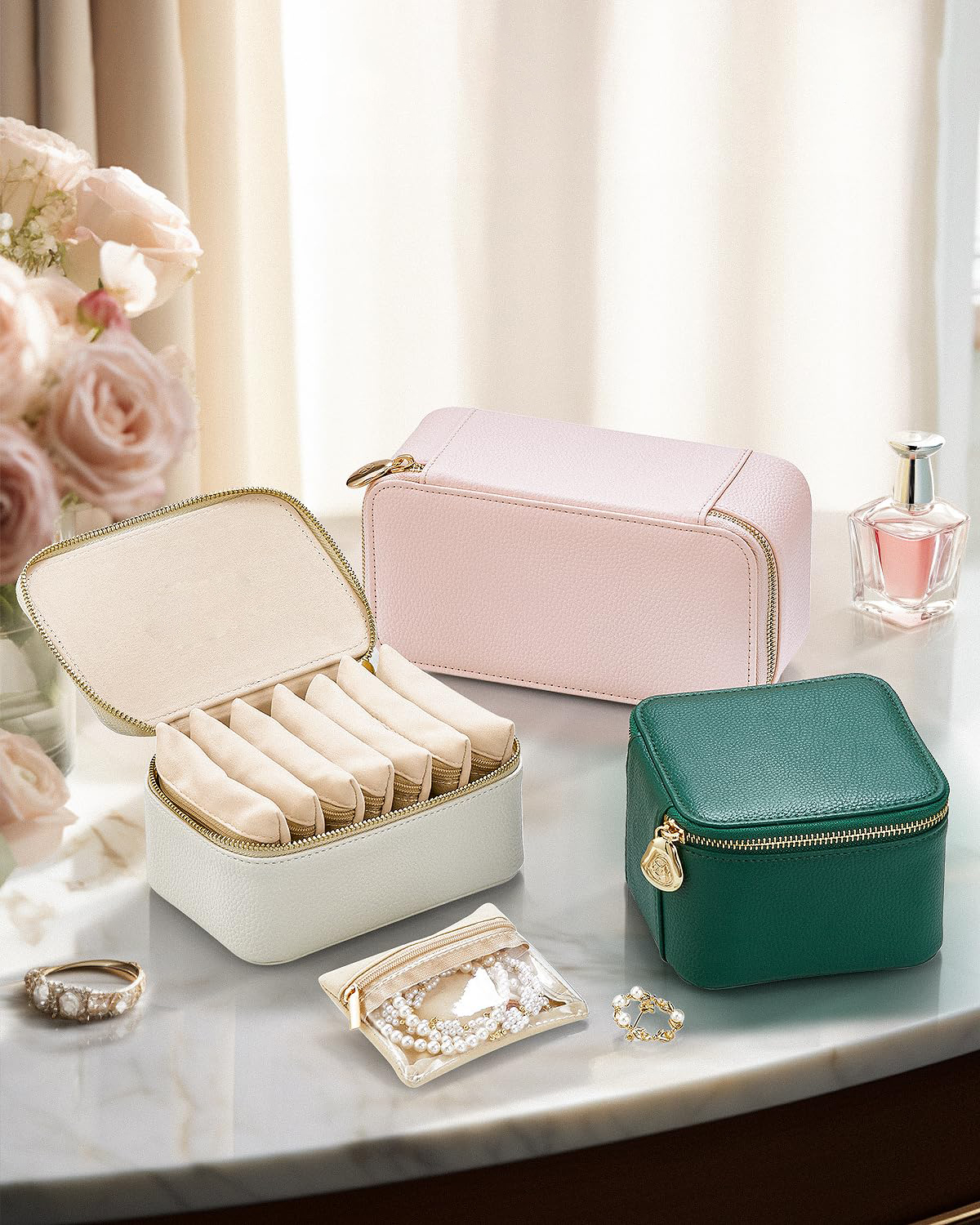 Travel Small Jewelry Case, PU Leather 6 zipper velvet bags for Women Girl