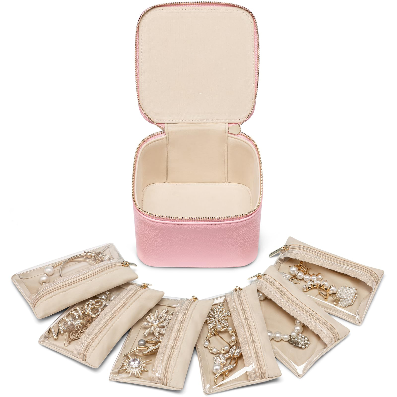 Travel Small Jewelry Case, PU Leather 6 zipper velvet bags for Women Girl