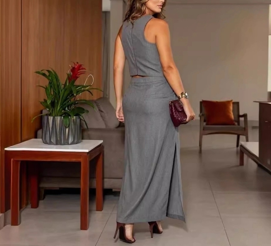 Women's Gray Sleeveless Vest and Maxi Skirt Set