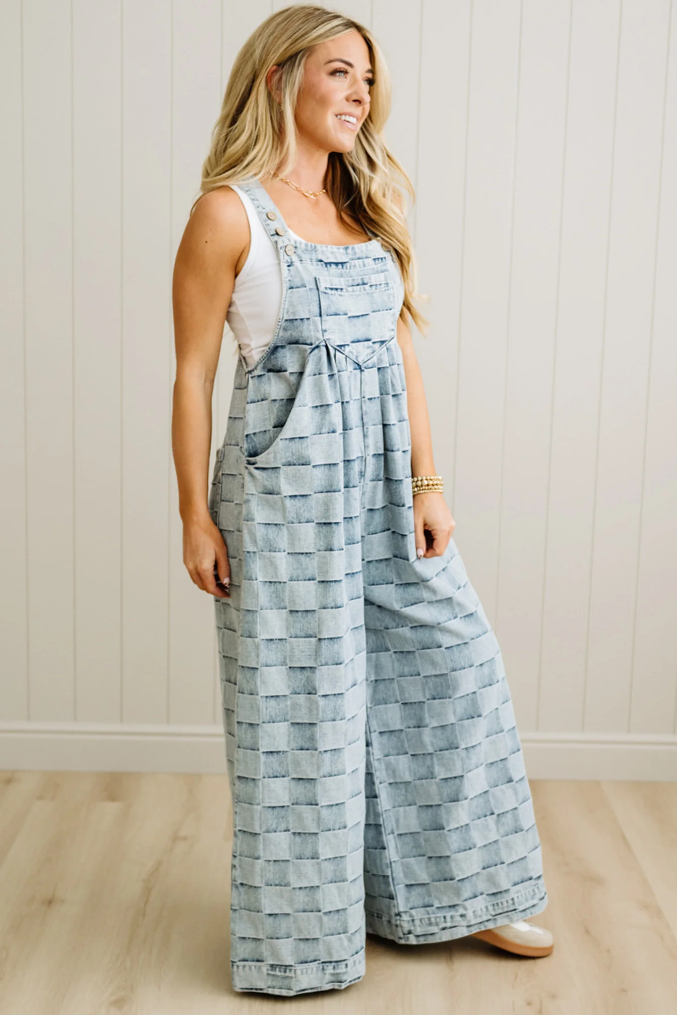 Checked Denim Wide Leg Overalls
