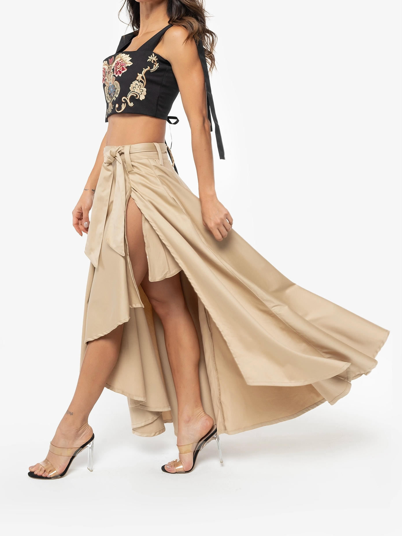 Street Muse Skirt-Women's High Slit Maxi Skirt with Tie Belt