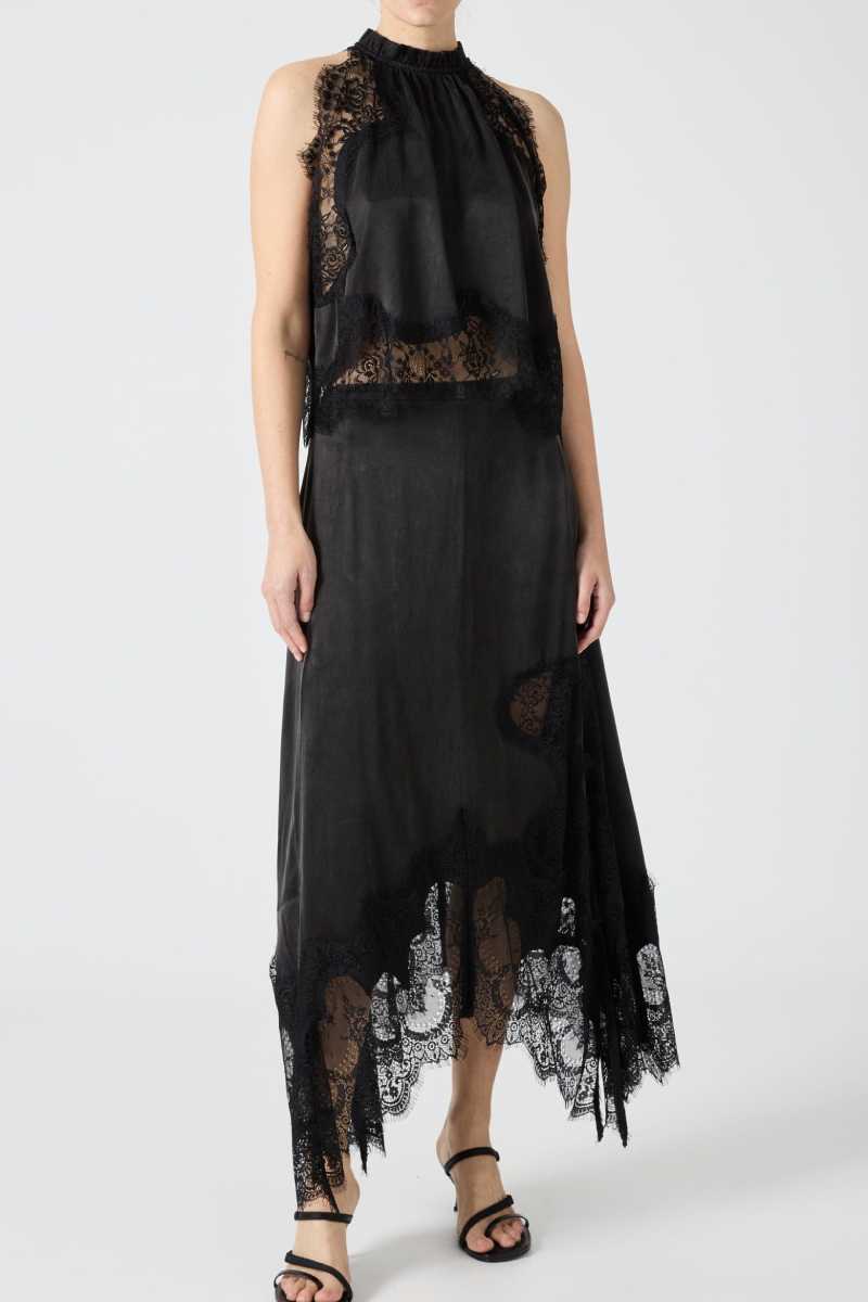 Lace Trim Midi Skirt Set with Sleeveless Halter Neck Top