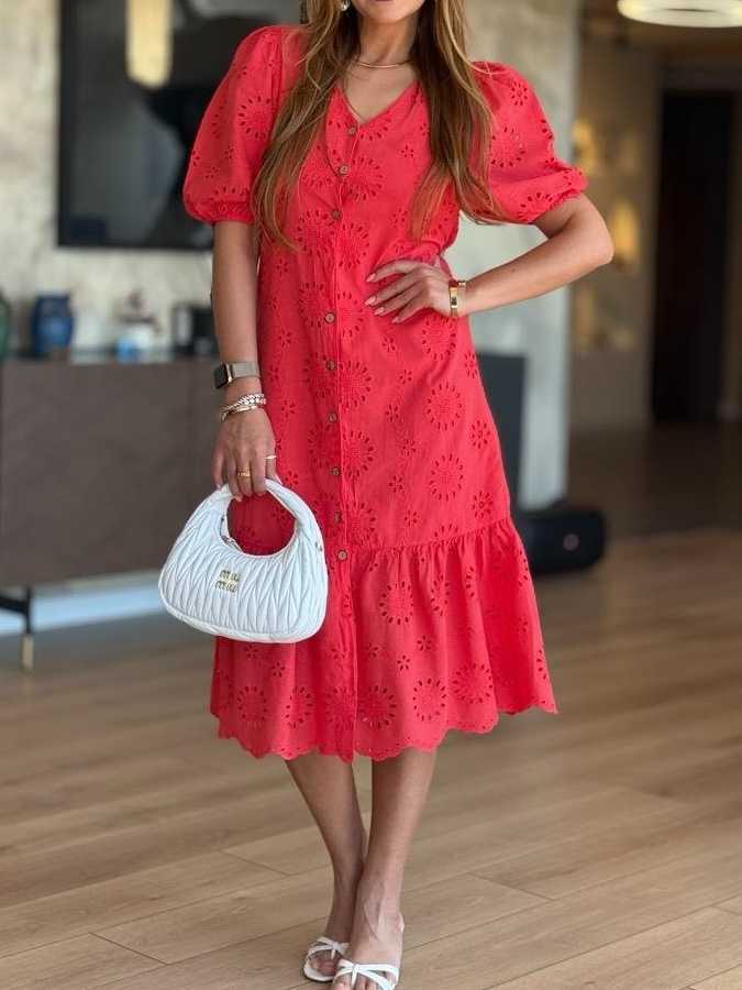 Button Front Lined Lace Dress