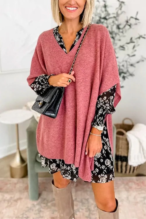 🌈V Neck Loose Fit Solid Poncho Sweater