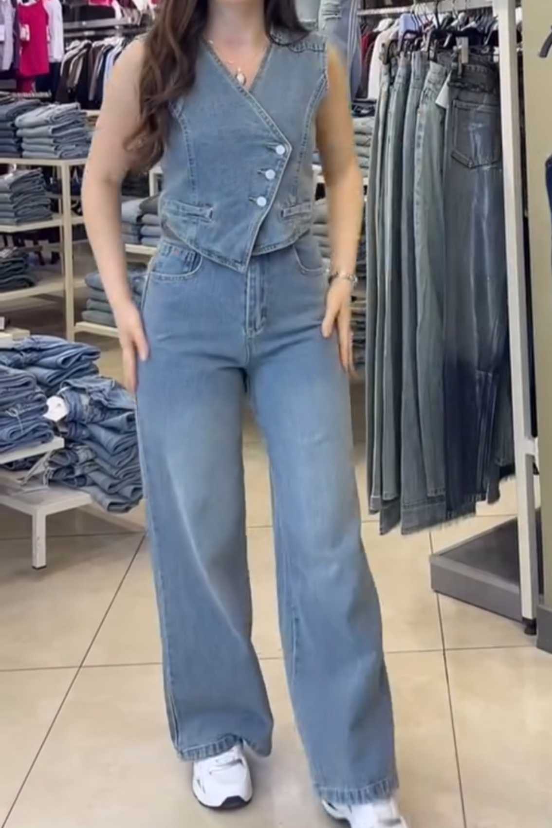 Women's Denim Vest and Wide-Leg Jeans Set