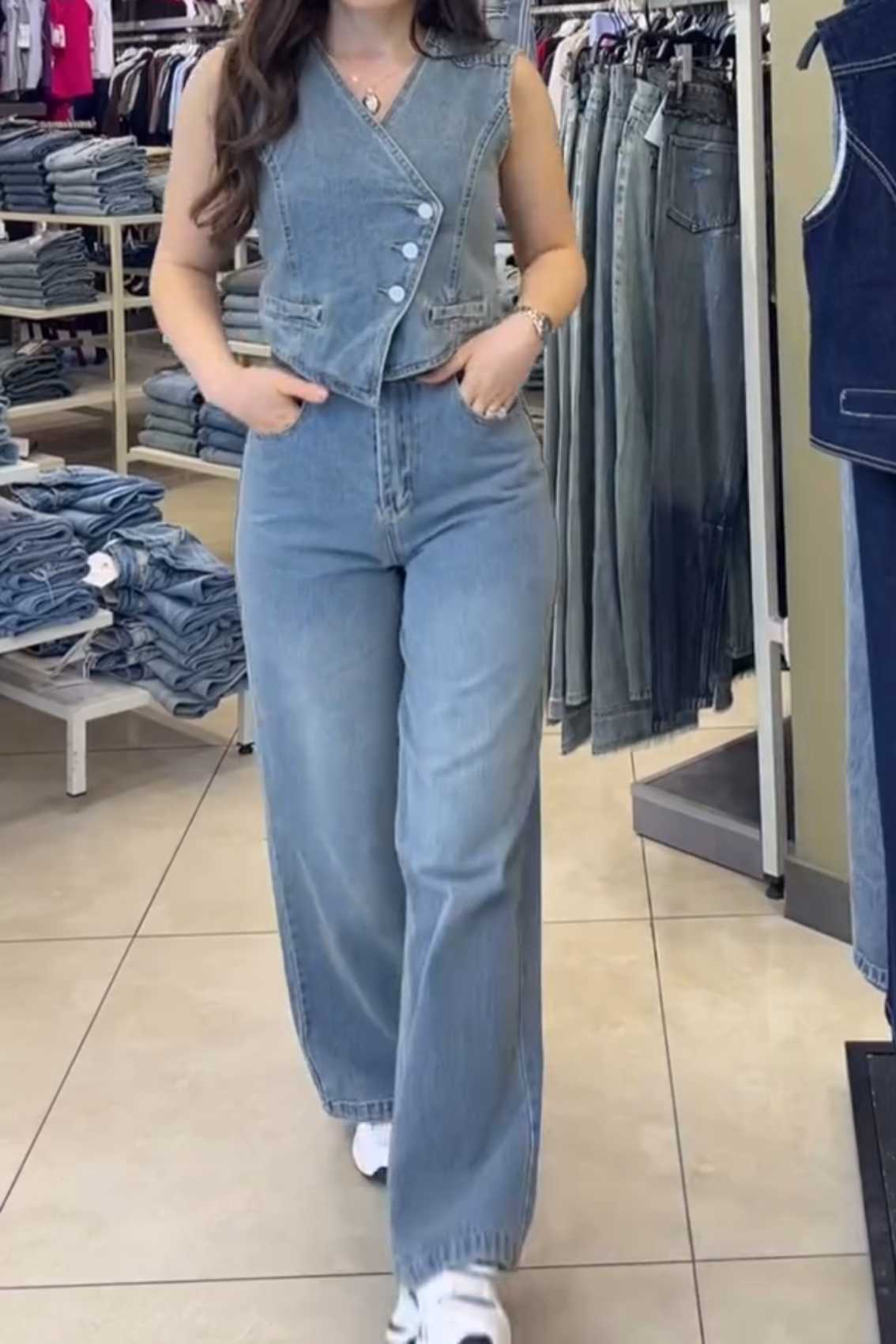 Women's Denim Vest and Wide-Leg Jeans Set
