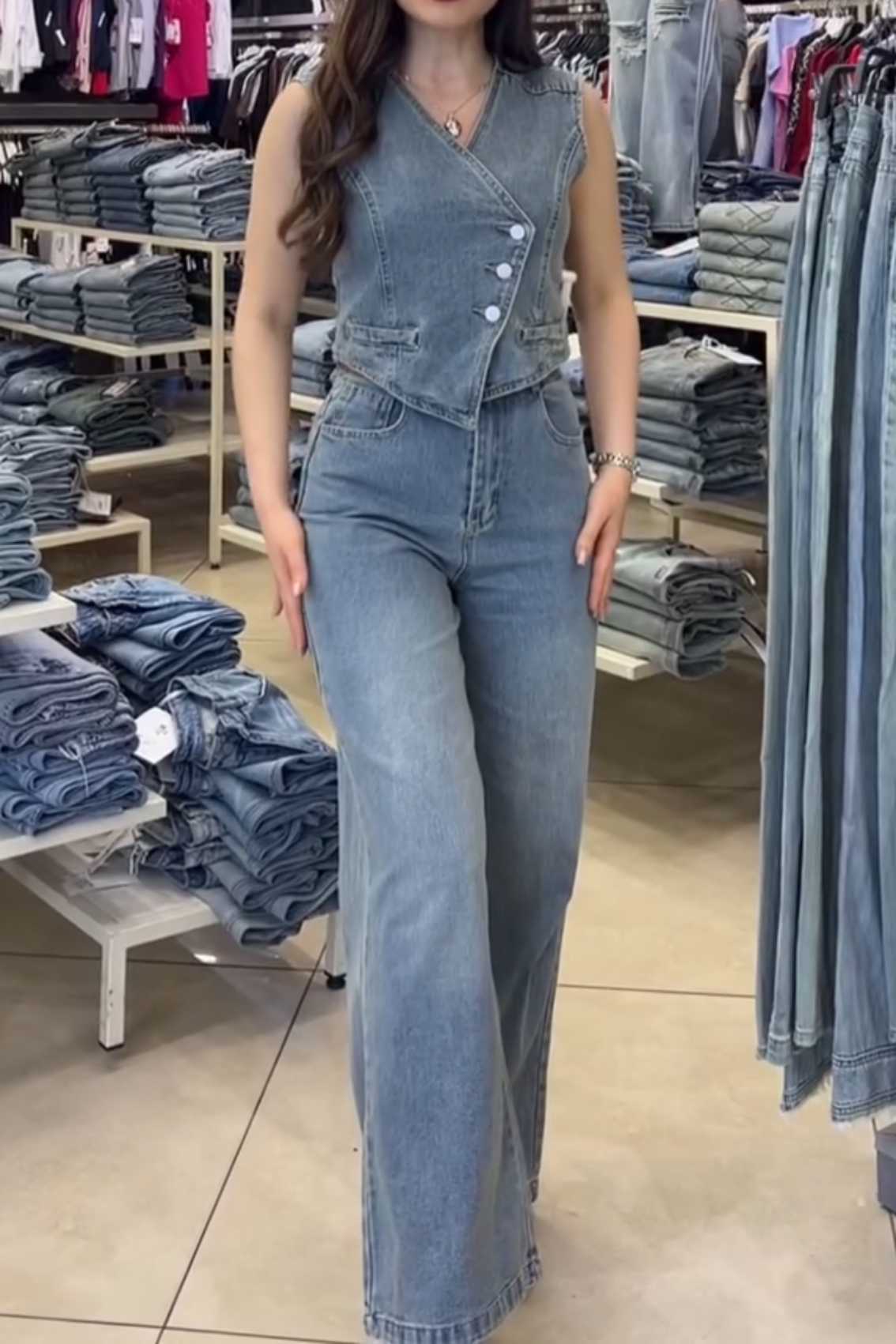 Women's Denim Vest and Wide-Leg Jeans Set
