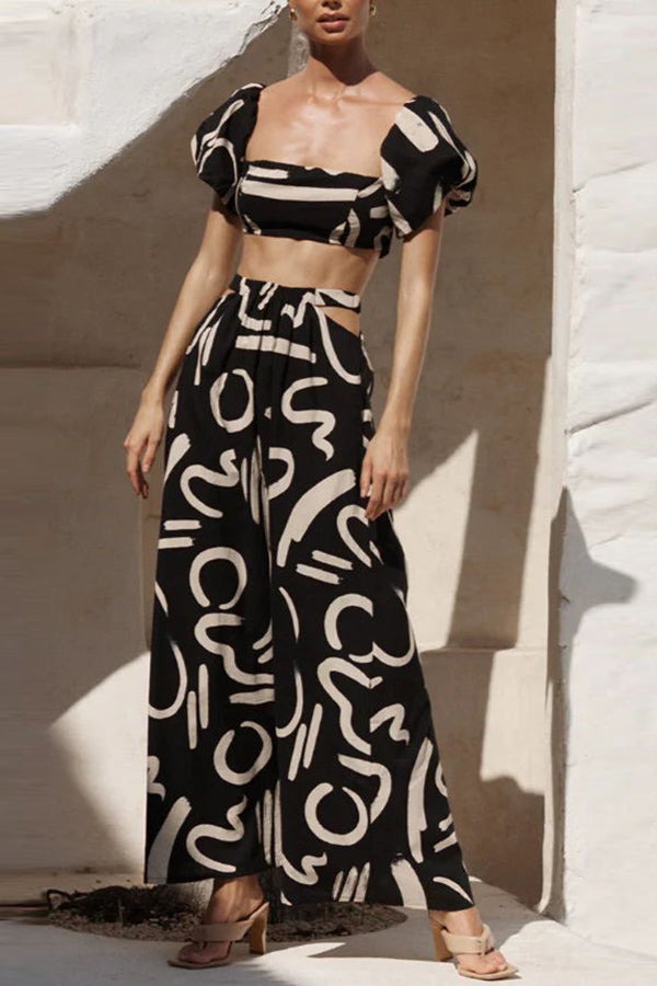 Printed Off Shoulder Crop Top and Pocketed Cutout Maxi Skirt Set