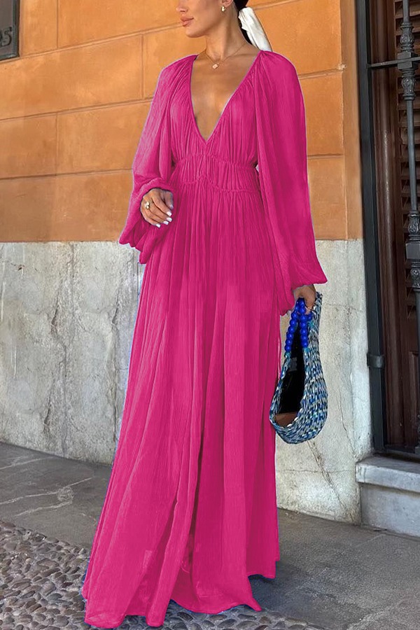 Chiffon Ruched Gathered Waist Maxi Dress