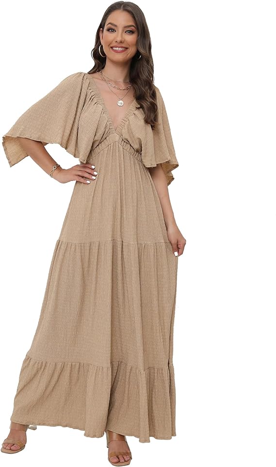 Tiered Silhouette with Flutter Sleeves Maxi Dress