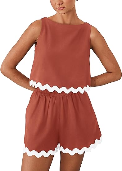  2 Piece Beach Vacation Cropped Tank Top High Waist Shorts Set