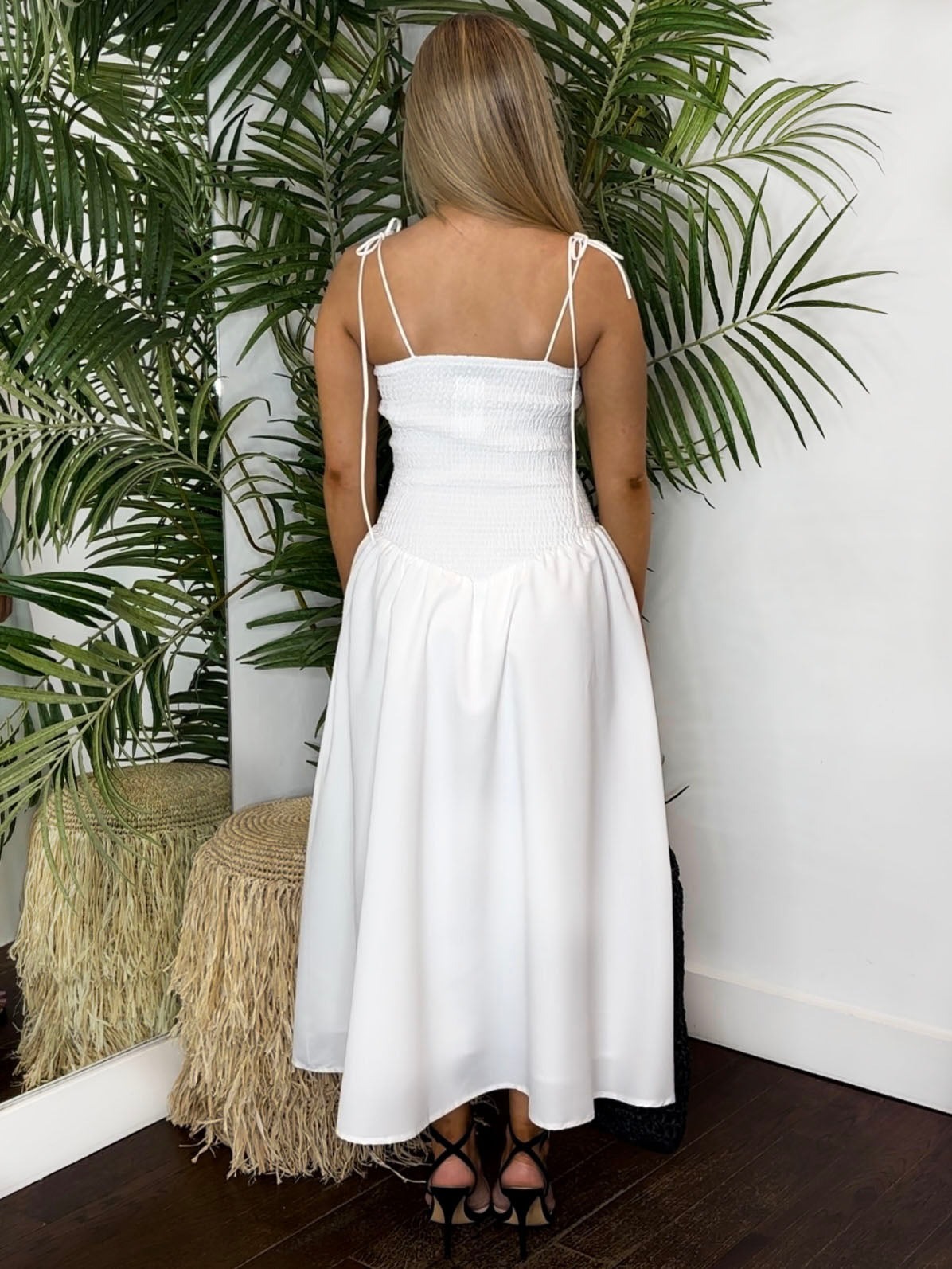 Shirring bodice detail midi dress with tie straps