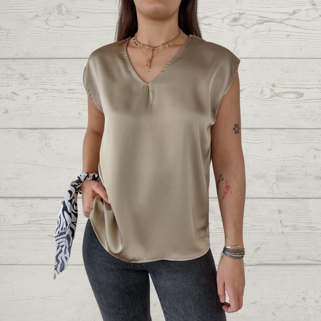 V-Neck Short Sleeve Back Button Blouse