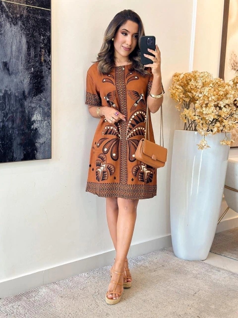 Short-Sleeved Geometric Print A-line Skirt
