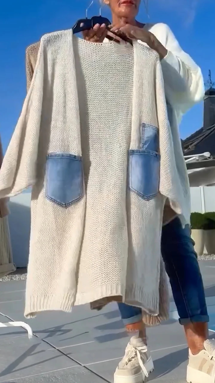 Women Patchwork Denim Pocket Casual Knitted Cardigan
